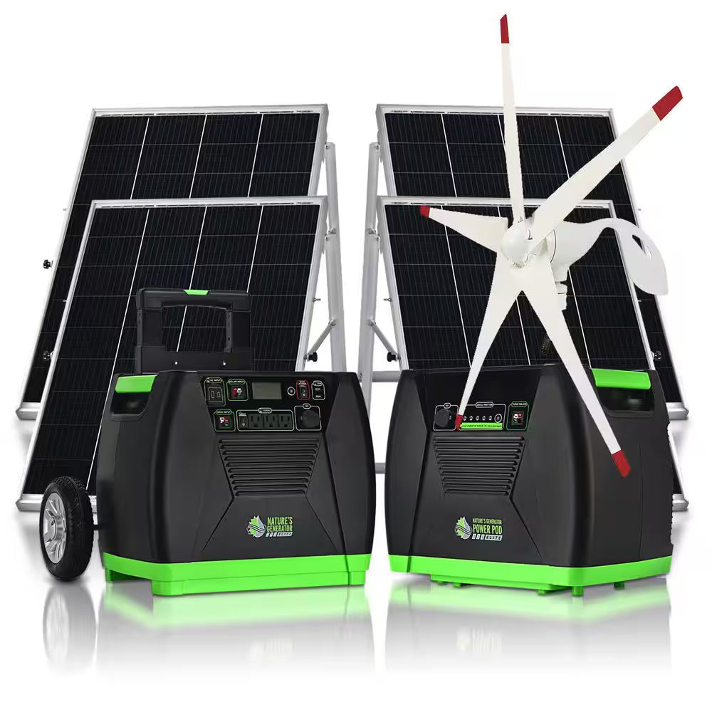 ELITE 3600-Watt/5760W Peak Push Button Start Solar Powered Portable Generator W/ 4 Solar Panels, Power Pod, Wind Turbine