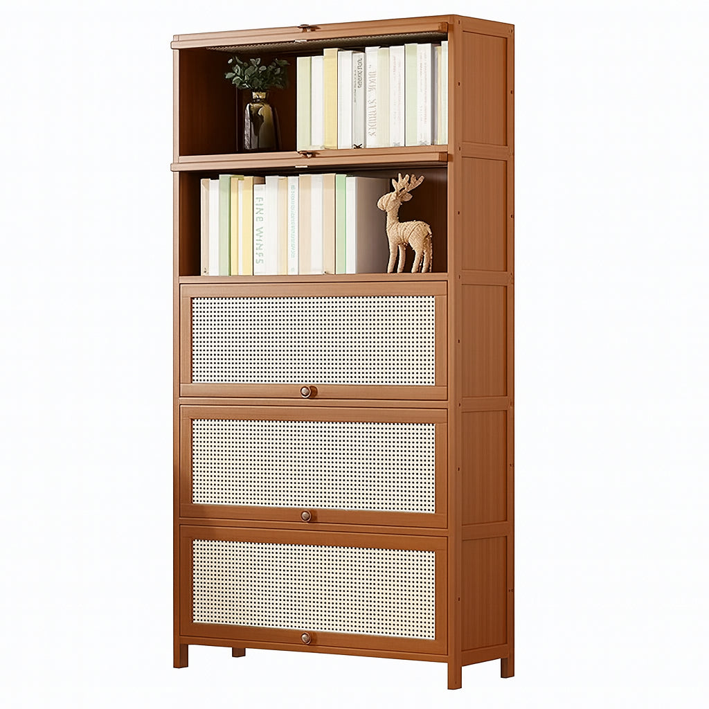 Bamboo Book Shelf with Rattan Doors,Modern Floor Standing Bookshelf,Rectangular Tall Bookcase Storage Cabinet for Study Living