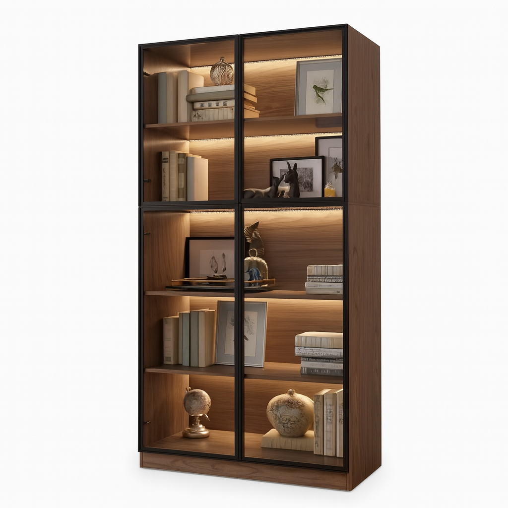 Display Cabinet with 4 Glass Doors, 5 -Tier Storage Cabinet with LED Lights, 78.7" Tall Black Bookcase with Storage, Wooden Disp