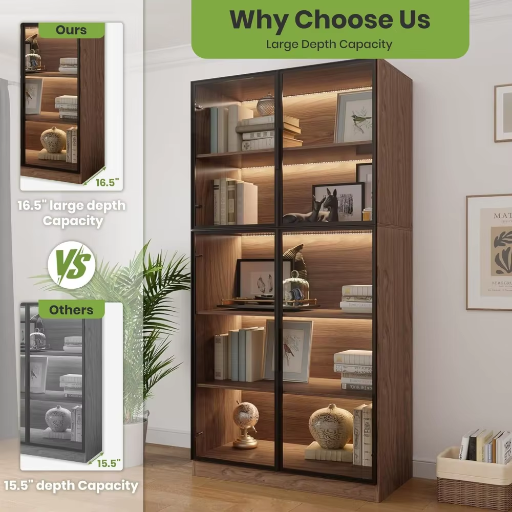 Display Cabinet with 4 Glass Doors, 5 -Tier Storage Cabinet with LED Lights, 78.7" Tall Black Bookcase with Storage, Wooden Disp