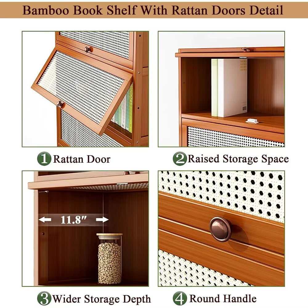 Bamboo Book Shelf with Rattan Doors,Modern Floor Standing Bookshelf,Rectangular Tall Bookcase Storage Cabinet for Study Living