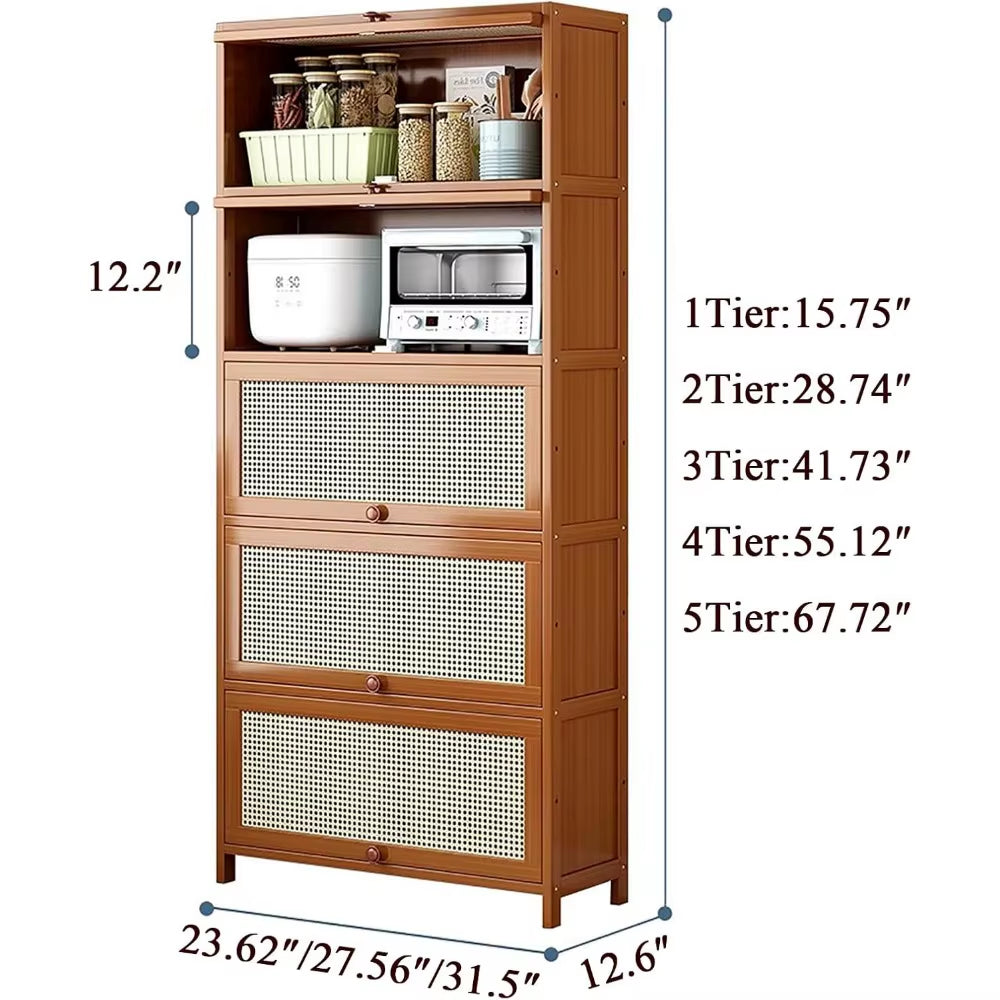 Bamboo Book Shelf with Rattan Doors,Modern Floor Standing Bookshelf,Rectangular Tall Bookcase Storage Cabinet for Study Living