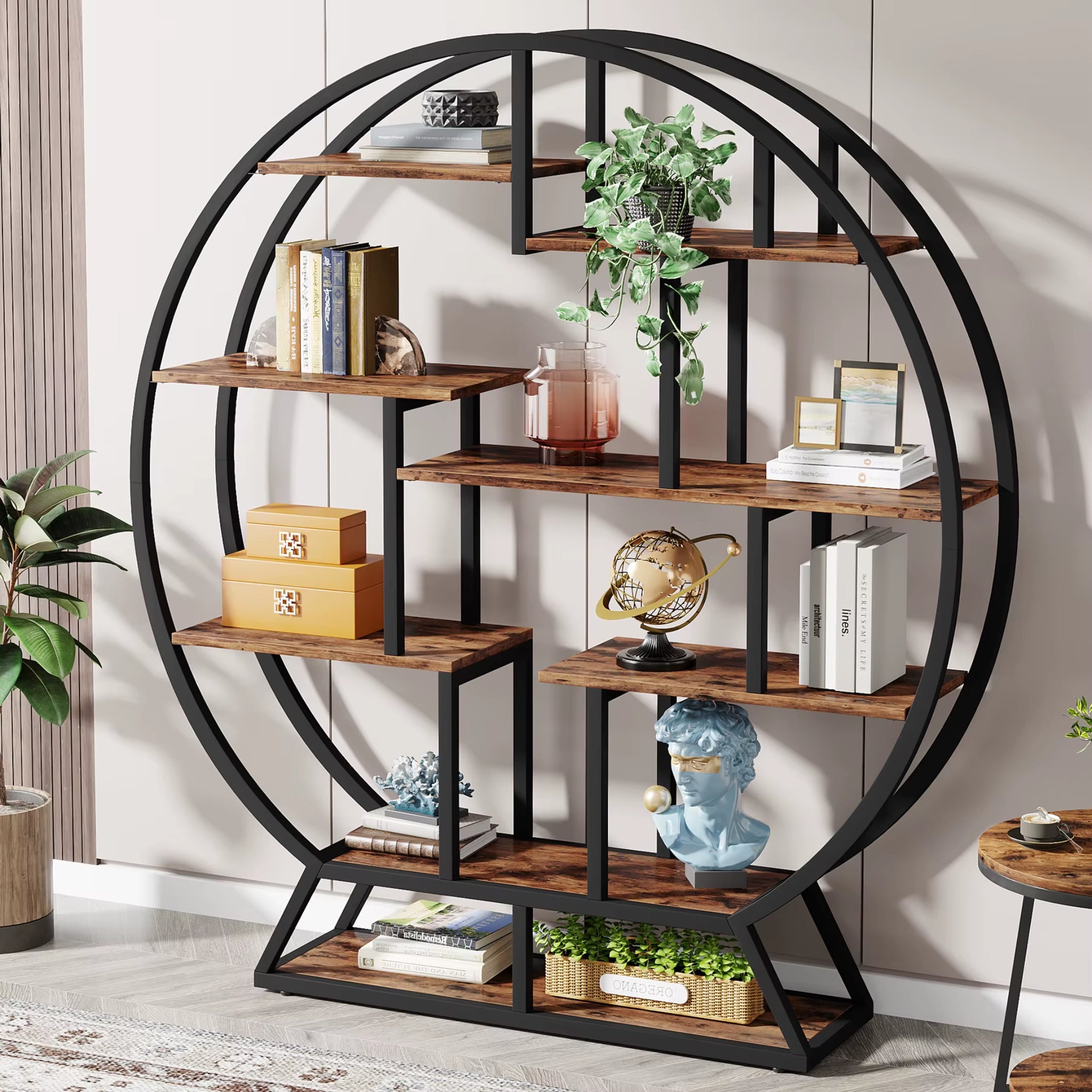 Bookshelf, round Bookshelves Etagere Bookcase, 63-Inch Industrial Wood Book Shelf with Staggered Shelves