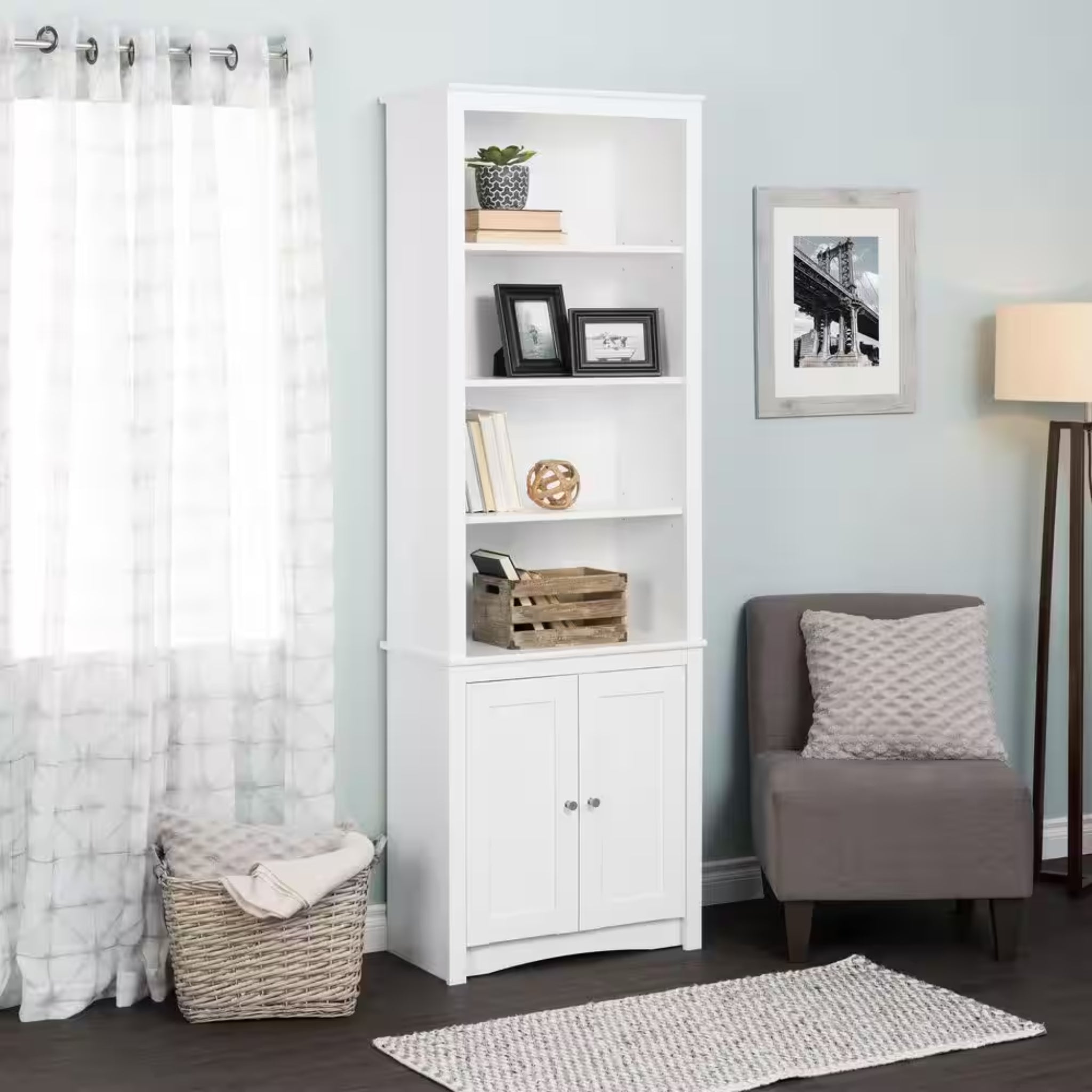 Sonoma 80 In. Tall White Engineered Wood 6-Shelf Bookcase, Standard Book Shelf W/ 2-Shaker Doors and Adjustable Shelves