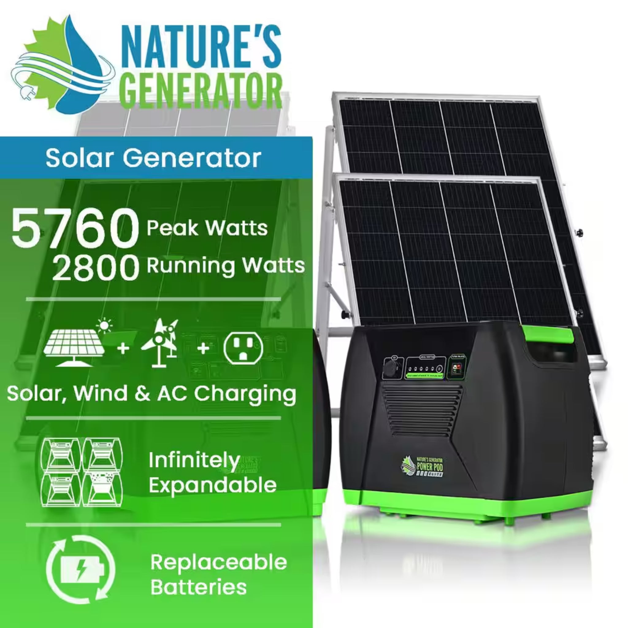 ELITE 3600-Watt/5760W Peak Push Button Start Solar Powered Portable Generator with Four 100W Solar Panels and Power Pod