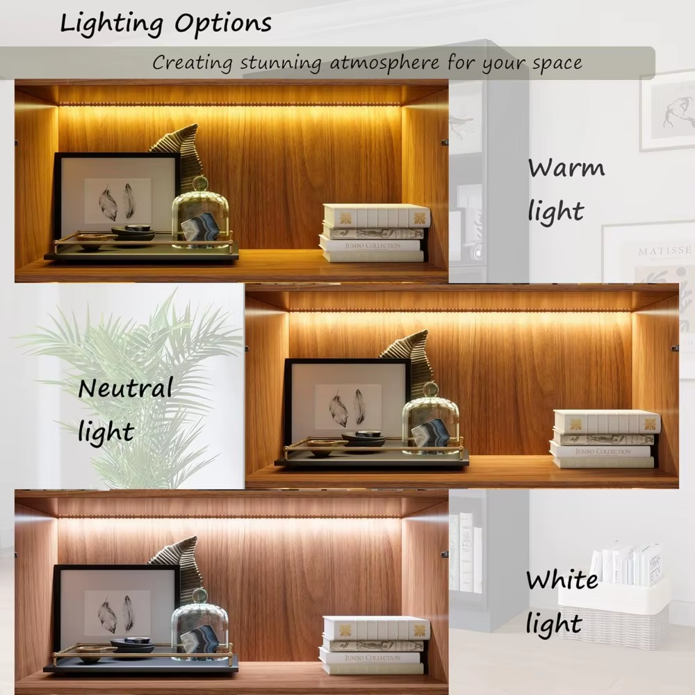 Display Cabinet with 4 Glass Doors, 5 -Tier Storage Cabinet with LED Lights, 78.7" Tall Black Bookcase with Storage, Wooden Disp