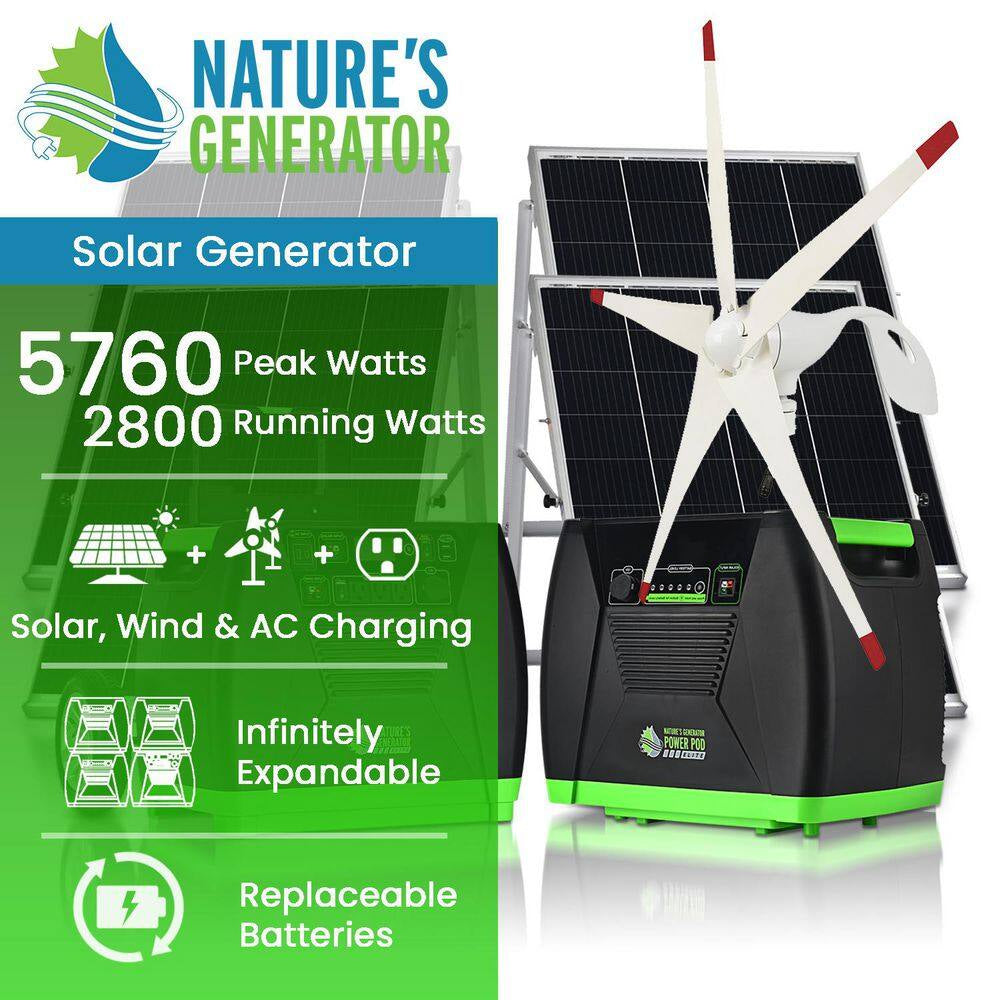 ELITE 3600-Watt/5760W Peak Push Button Start Solar Powered Portable Generator W/ 4 Solar Panels, Power Pod, Wind Turbine