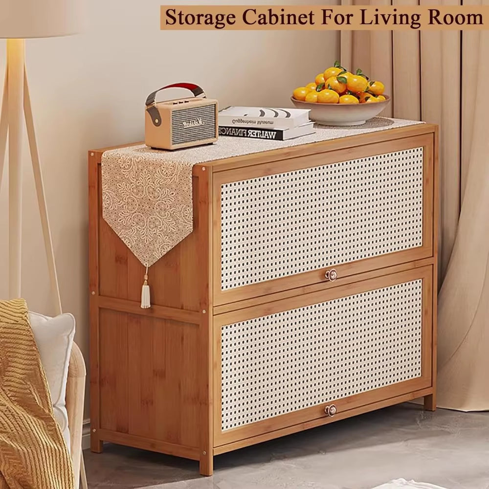 Bamboo Book Shelf with Rattan Doors,Modern Floor Standing Bookshelf,Rectangular Tall Bookcase Storage Cabinet for Study Living