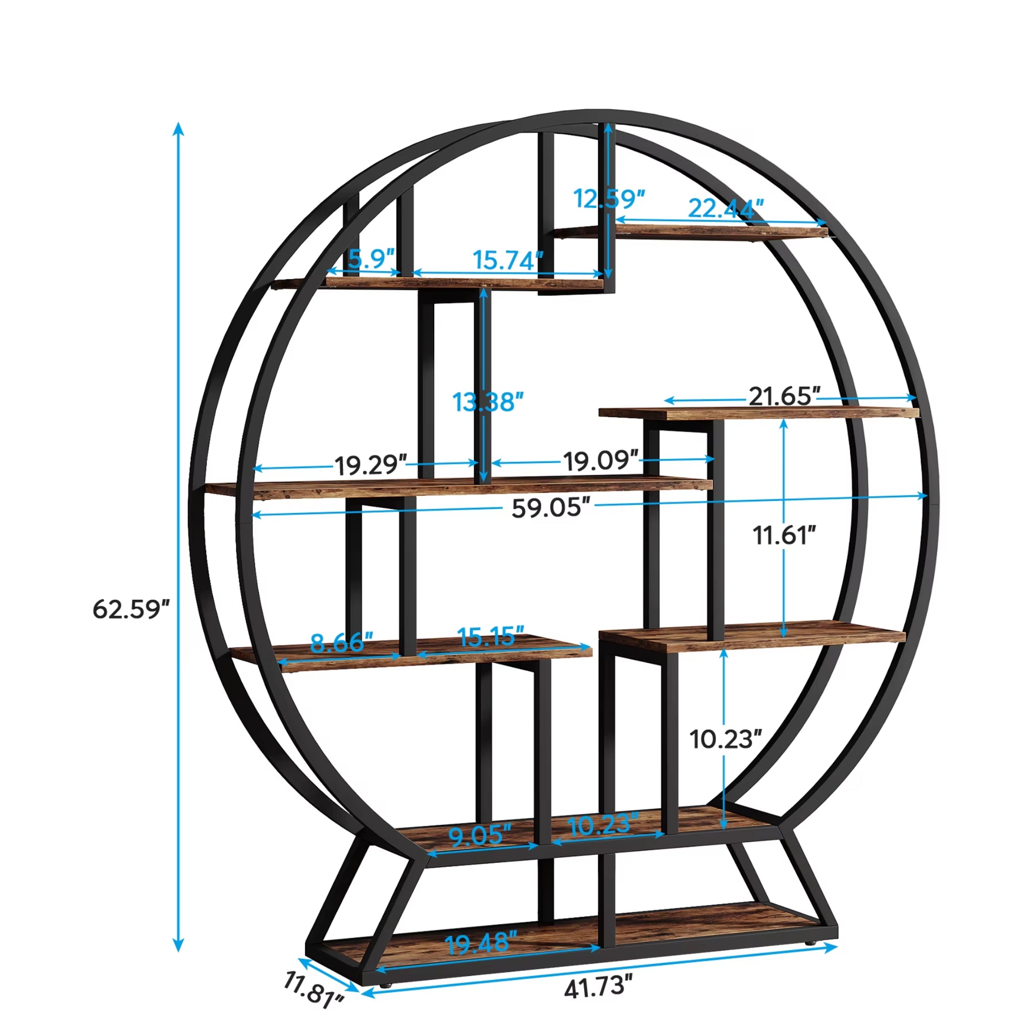 Bookshelf, round Bookshelves Etagere Bookcase, 63-Inch Industrial Wood Book Shelf with Staggered Shelves