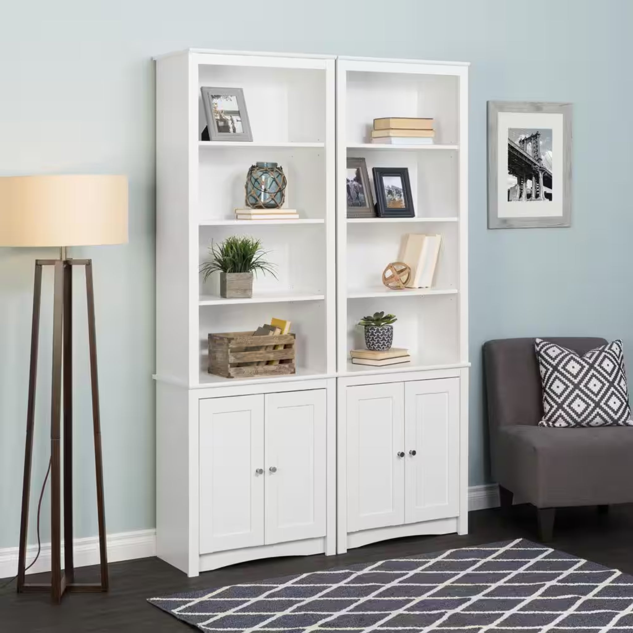 Sonoma 80 In. Tall White Engineered Wood 6-Shelf Bookcase, Standard Book Shelf W/ 2-Shaker Doors and Adjustable Shelves