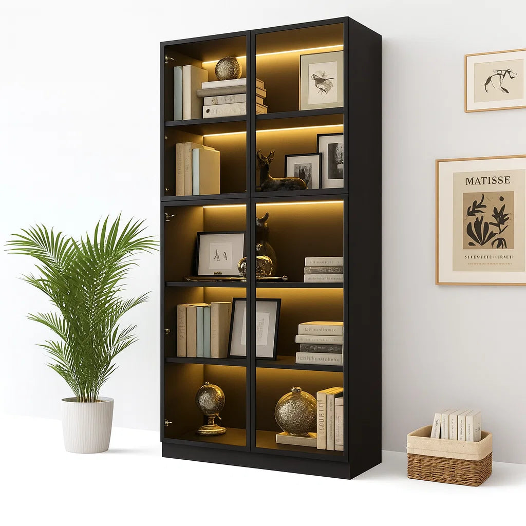 Display Cabinet with 4 Glass Doors, 5 -Tier Storage Cabinet with LED Lights, 78.7" Tall Black Bookcase with Storage, Wooden Disp