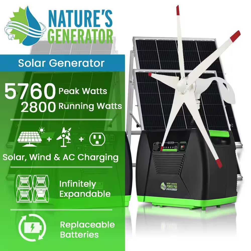 ELITE 3600-Watt/5760W Peak Push Button Start Solar Powered Portable Generator W/ 4 Solar Panels, Power Pod, Wind Turbine