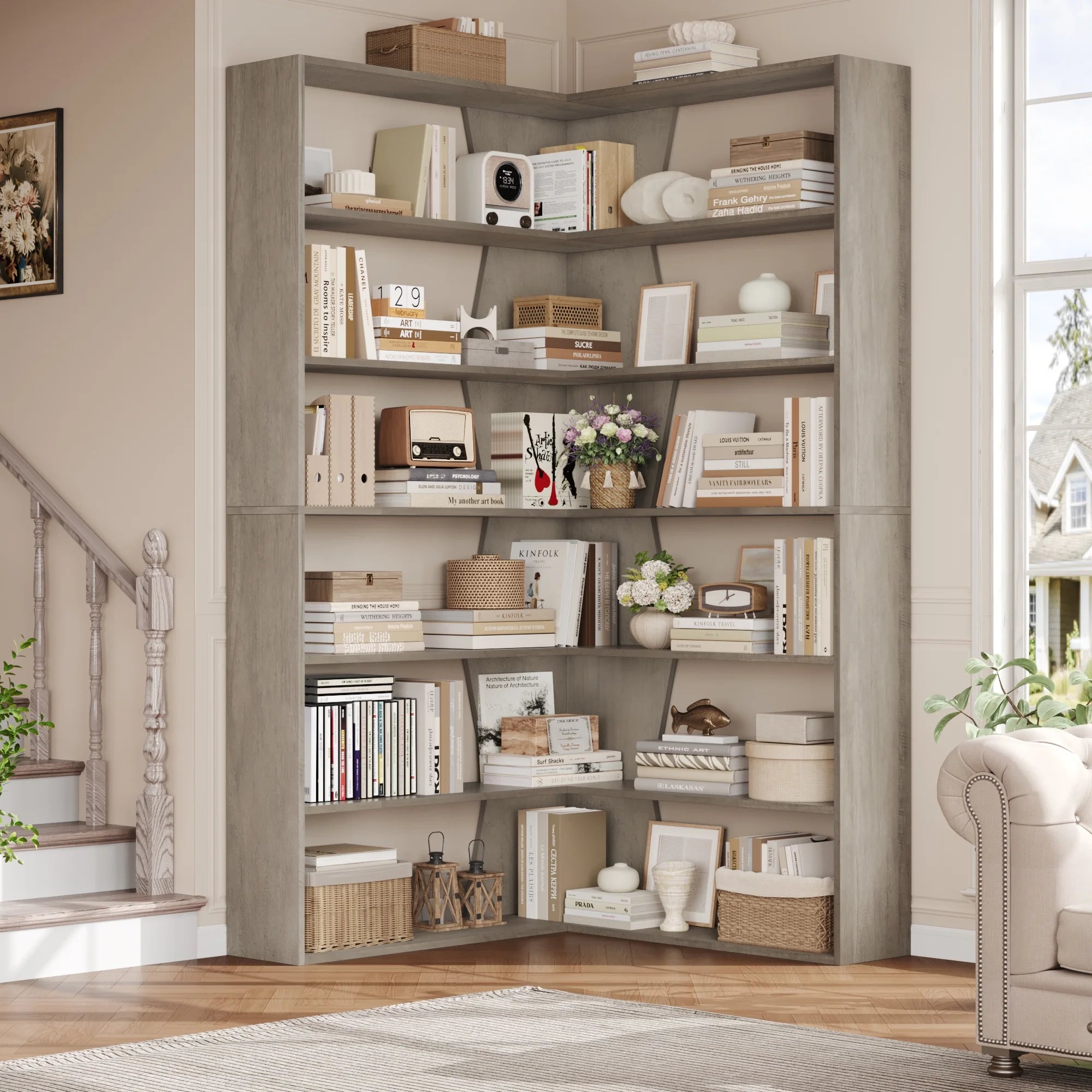 6-Tier Corner Bookcase, L-Shaped Bookshelf with Baffle, Storage Display Rack for Office Living Room, Gray