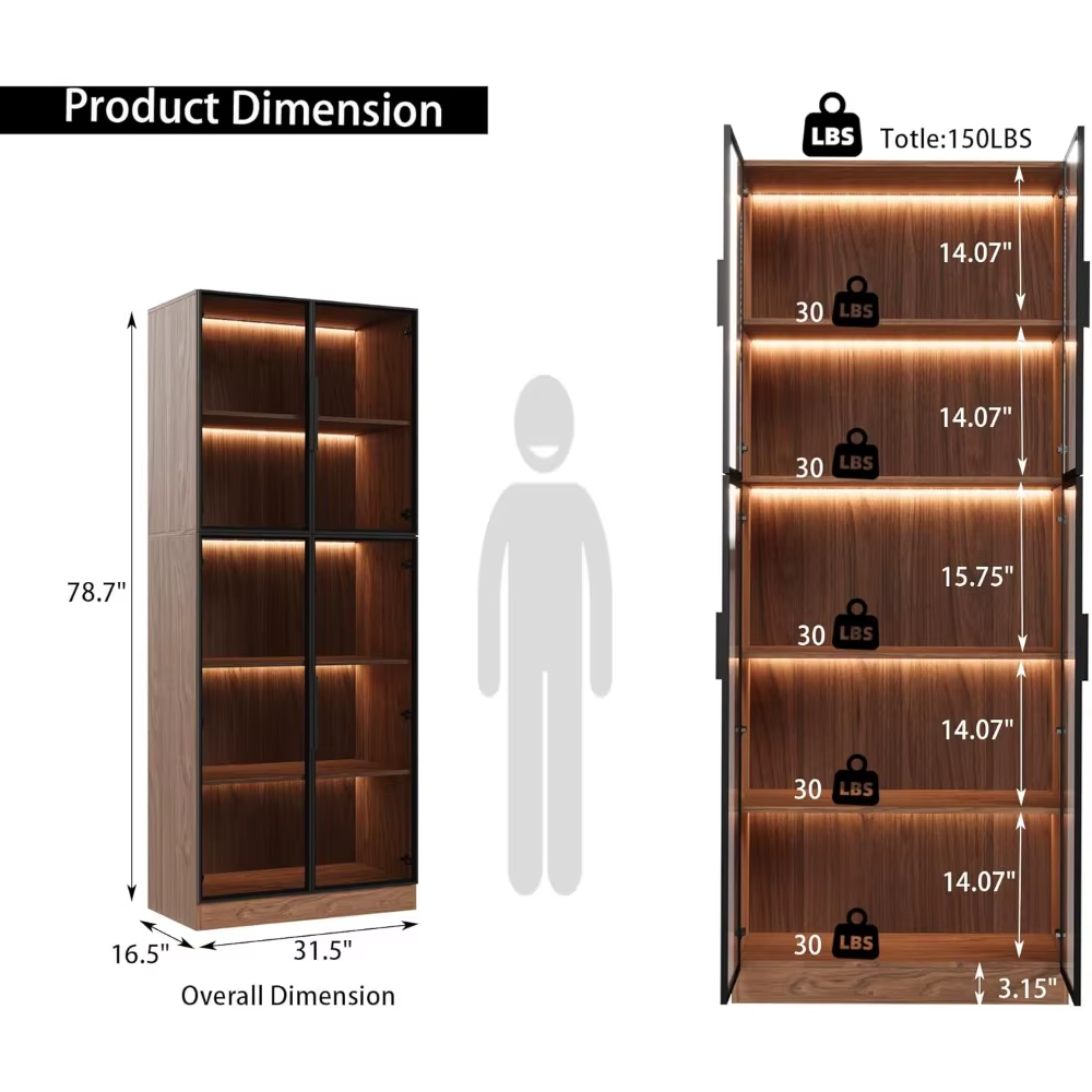 Display Cabinet with 4 Glass Doors, 5 -Tier Storage Cabinet with LED Lights, 78.7" Tall Black Bookcase with Storage, Wooden Disp