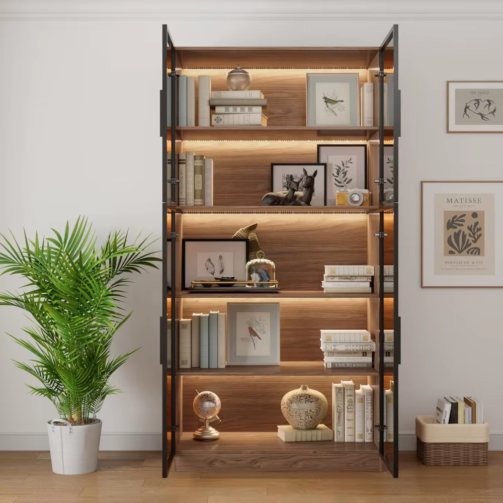Display Cabinet with 4 Glass Doors, 5 -Tier Storage Cabinet with LED Lights, 78.7" Tall Black Bookcase with Storage, Wooden Disp