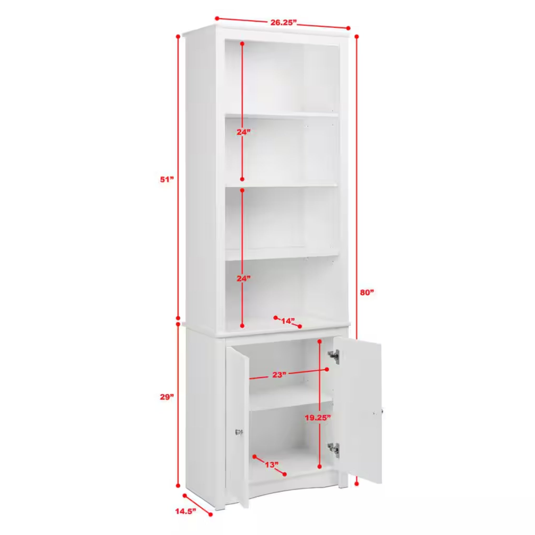 Sonoma 80 In. Tall White Engineered Wood 6-Shelf Bookcase, Standard Book Shelf W/ 2-Shaker Doors and Adjustable Shelves