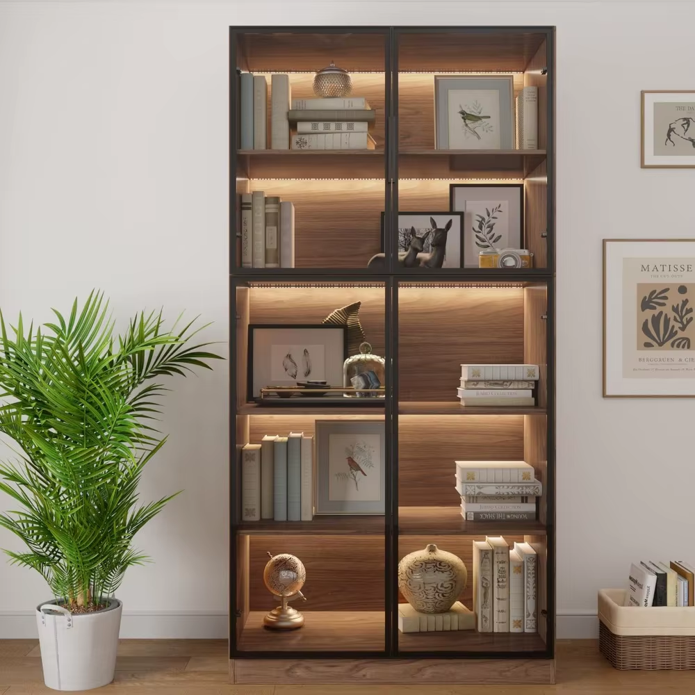 Display Cabinet with 4 Glass Doors, 5 -Tier Storage Cabinet with LED Lights, 78.7" Tall Black Bookcase with Storage, Wooden Disp