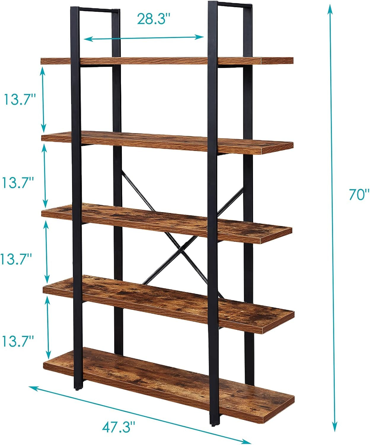 5-Tier Bookshelf, Industrial Bookcase with Metal Frame, Modern Rustic Shelving Unit for Home Office, Wood Grain - Vintage Brown
