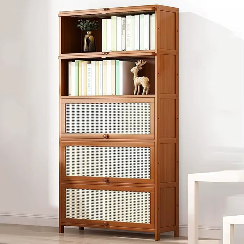 Bamboo Book Shelf with Rattan Doors,Modern Floor Standing Bookshelf,Rectangular Tall Bookcase Storage Cabinet for Study Living