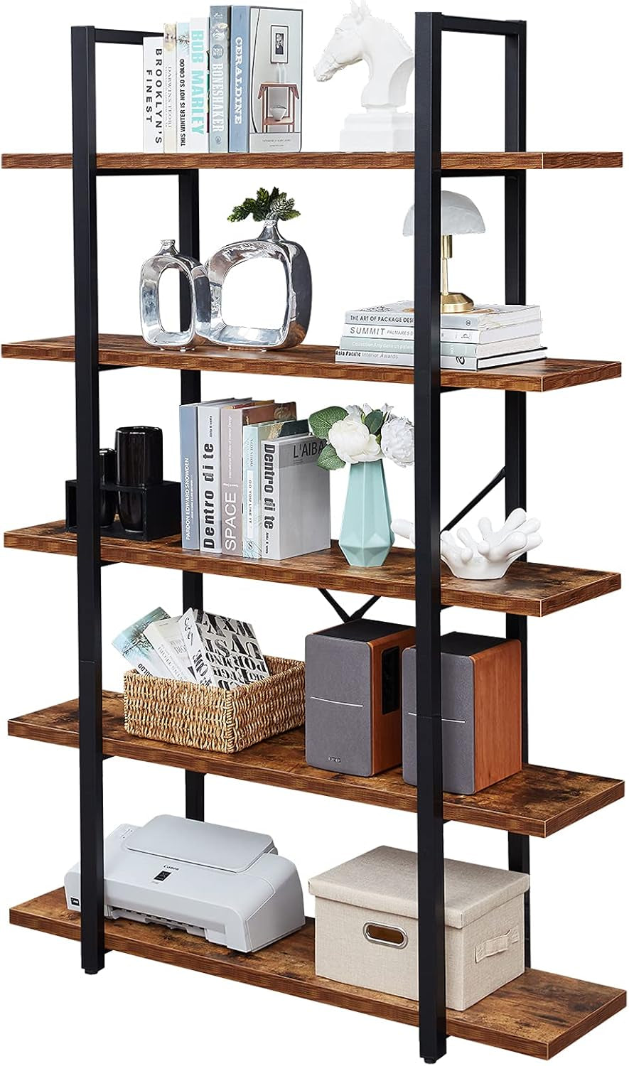 5-Tier Bookshelf, Industrial Bookcase with Metal Frame, Modern Rustic Shelving Unit for Home Office, Wood Grain - Vintage Brown