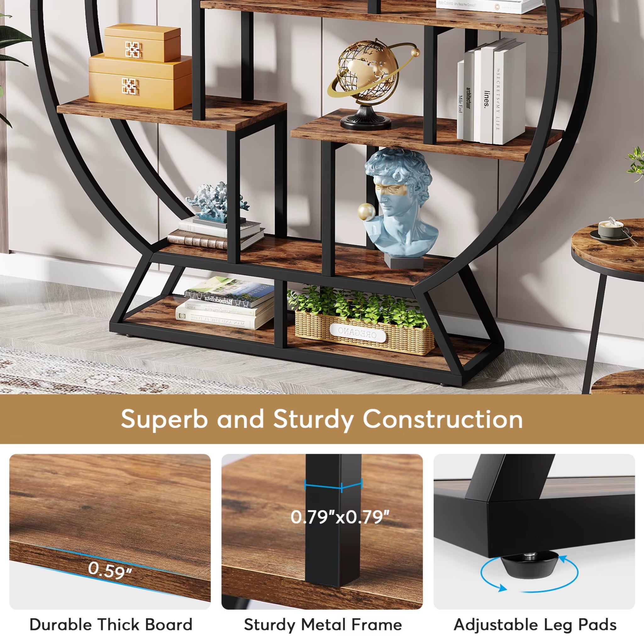 Bookshelf, round Bookshelves Etagere Bookcase, 63-Inch Industrial Wood Book Shelf with Staggered Shelves