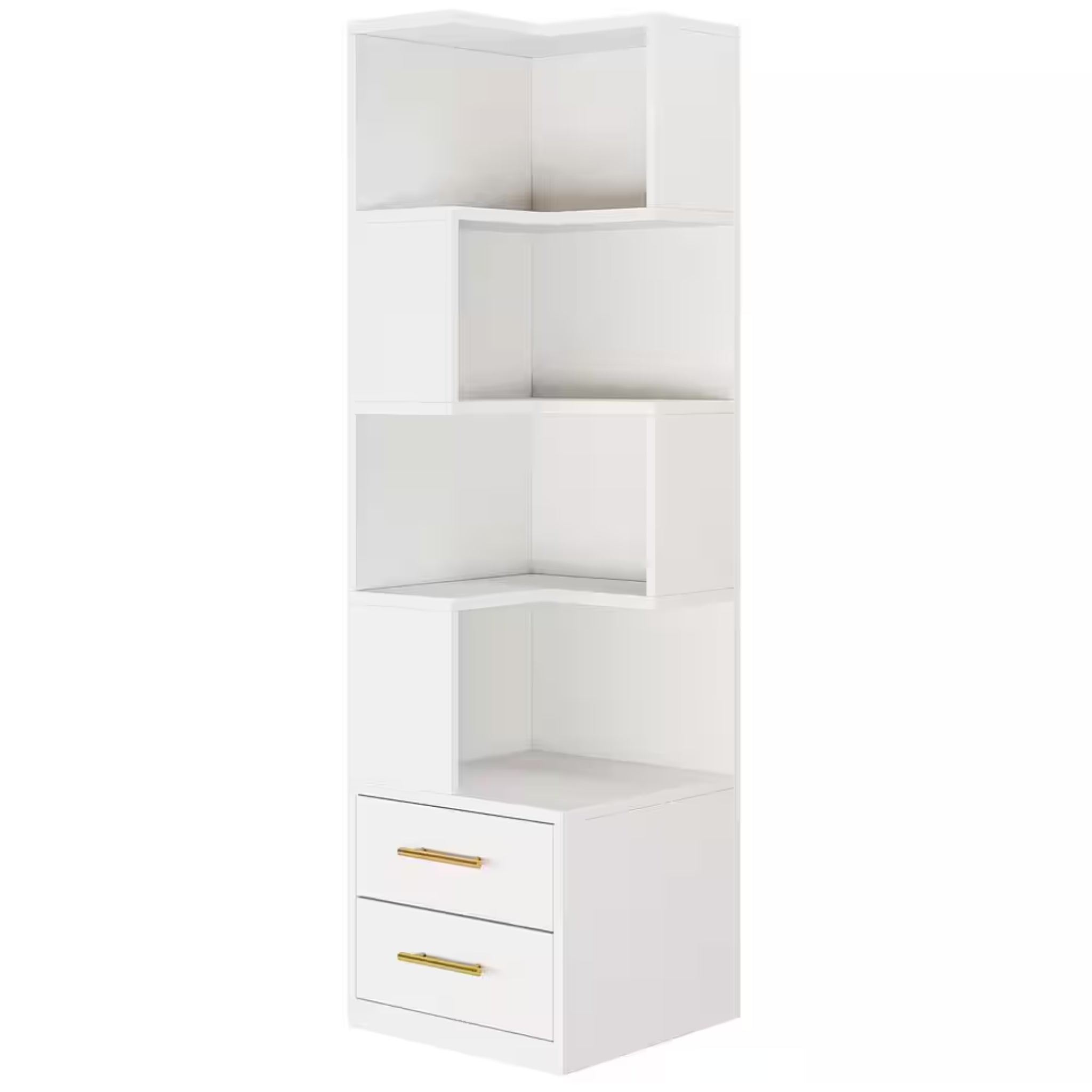 Eulas 66.9 In. Tall White Wood 5-Shelf Etagere Bookcase, Modern Corner Book Shelf with 2 Drawers for Living Room