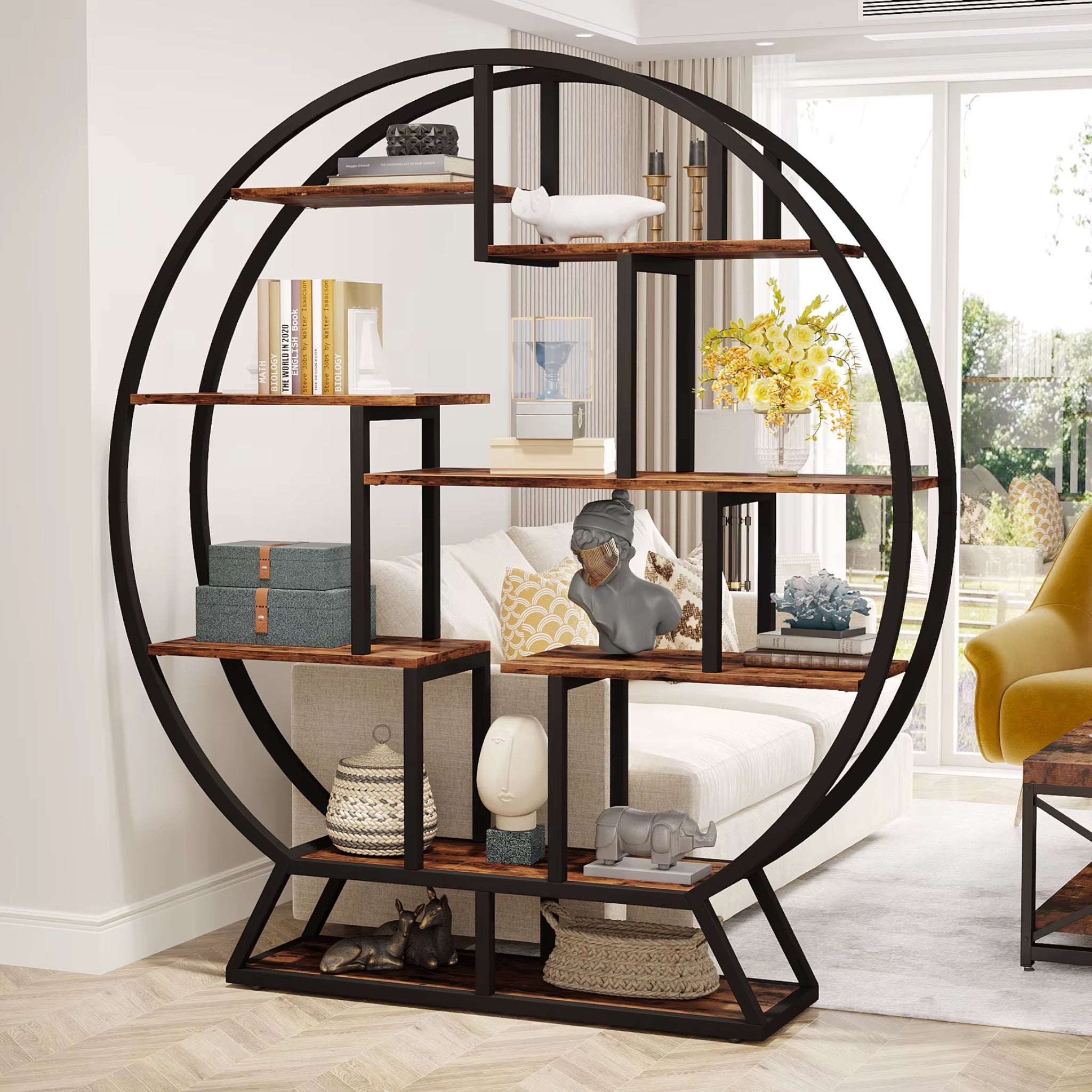 Bookshelf, round Bookshelves Etagere Bookcase, 63-Inch Industrial Wood Book Shelf with Staggered Shelves