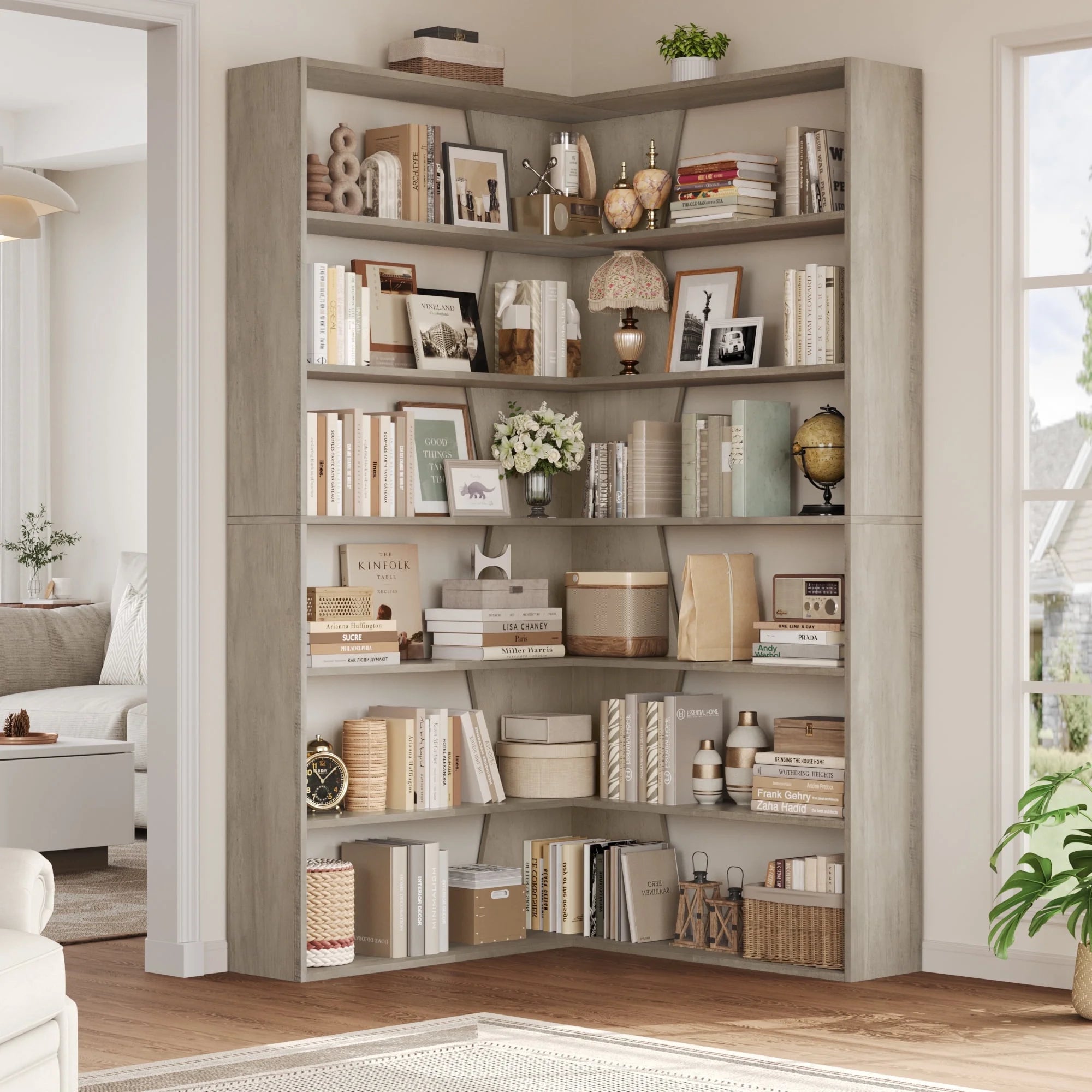6-Tier Corner Bookcase, L-Shaped Bookshelf with Baffle, Storage Display Rack for Office Living Room, Gray