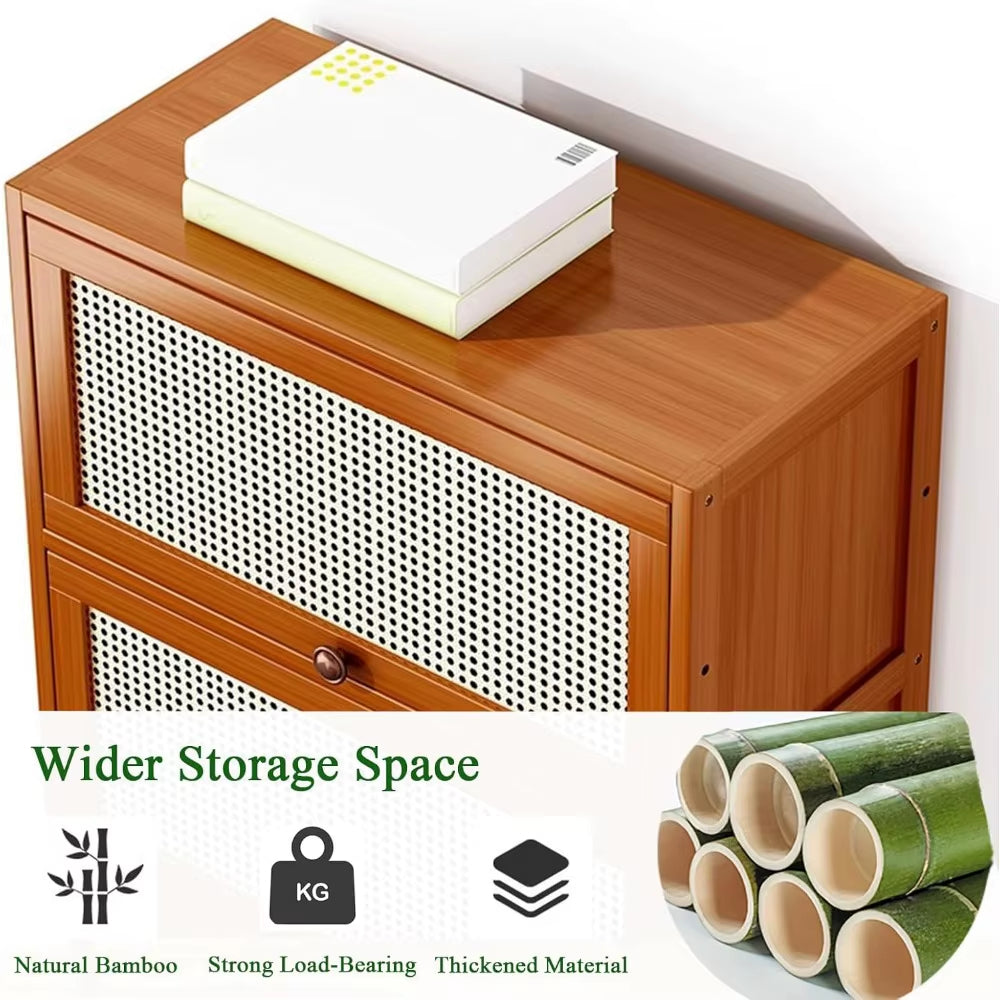 Bamboo Book Shelf with Rattan Doors,Modern Floor Standing Bookshelf,Rectangular Tall Bookcase Storage Cabinet for Study Living