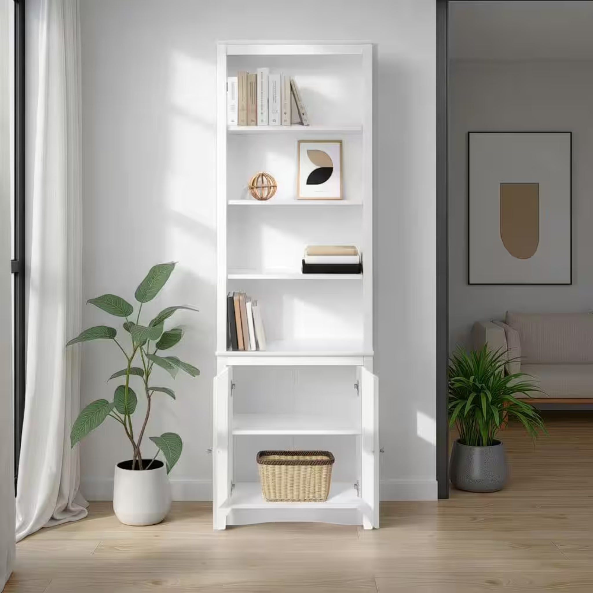 Sonoma 80 In. Tall White Engineered Wood 6-Shelf Bookcase, Standard Book Shelf W/ 2-Shaker Doors and Adjustable Shelves
