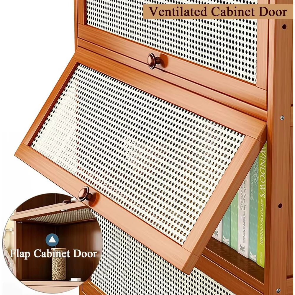 Bamboo Book Shelf with Rattan Doors,Modern Floor Standing Bookshelf,Rectangular Tall Bookcase Storage Cabinet for Study Living