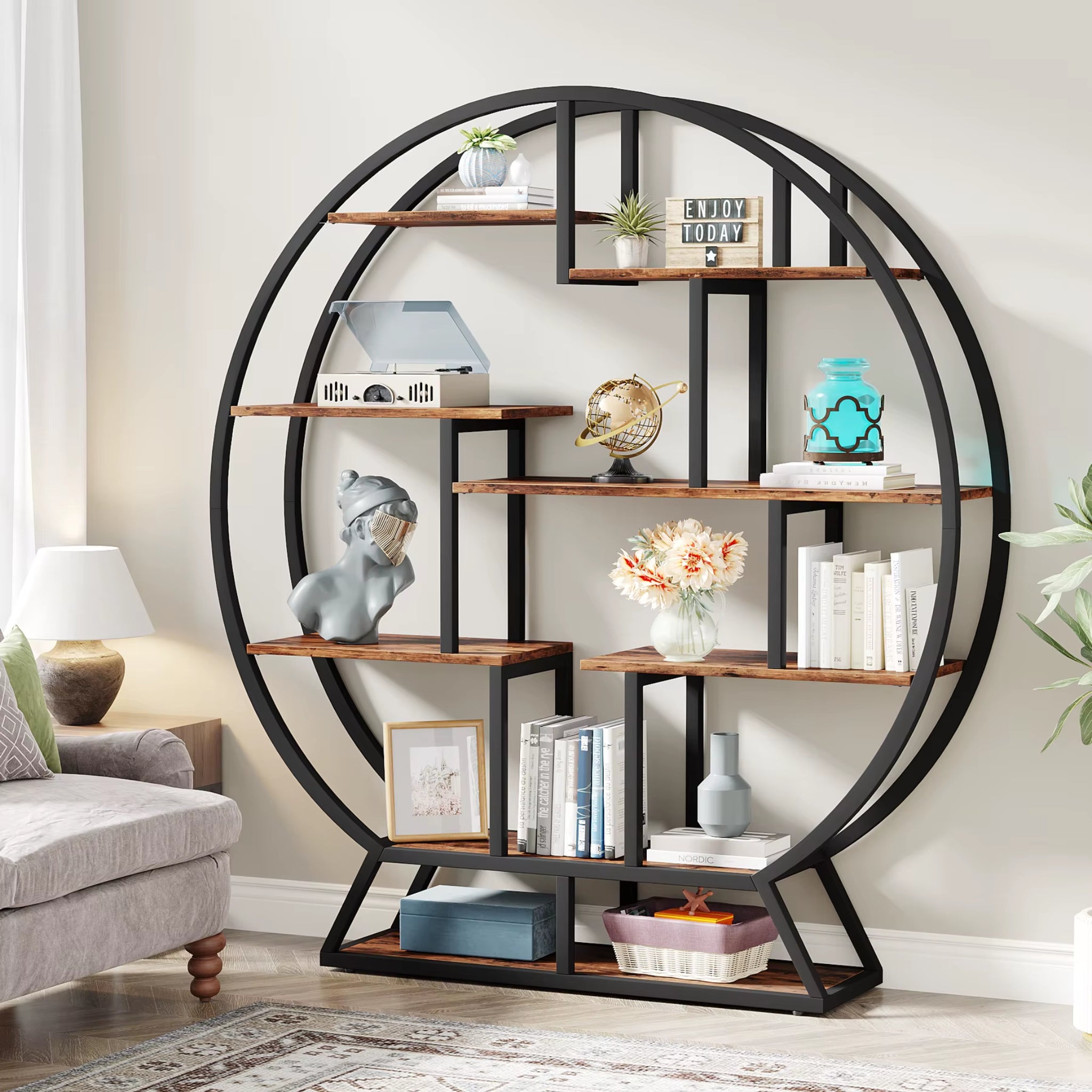 Bookshelf, round Bookshelves Etagere Bookcase, 63-Inch Industrial Wood Book Shelf with Staggered Shelves