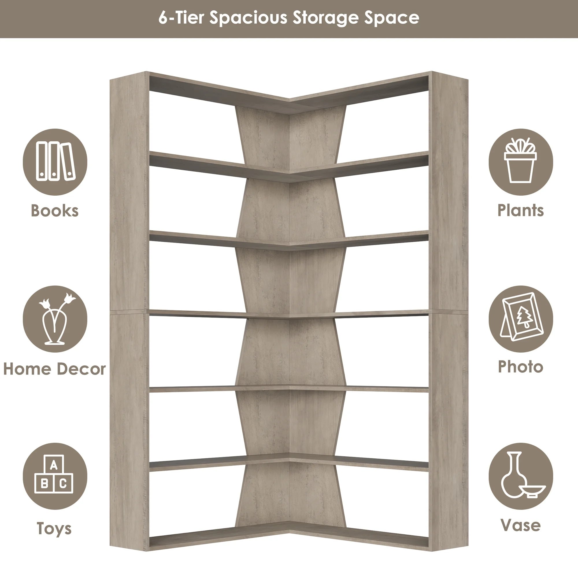 6-Tier Corner Bookcase, L-Shaped Bookshelf with Baffle, Storage Display Rack for Office Living Room, Gray