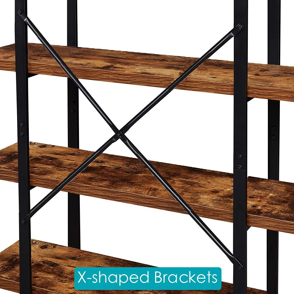 5-Tier Bookshelf, Industrial Bookcase with Metal Frame, Modern Rustic Shelving Unit for Home Office, Wood Grain - Vintage Brown