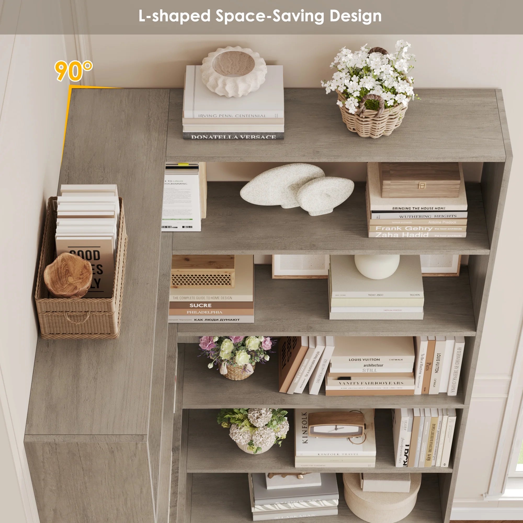 6-Tier Corner Bookcase, L-Shaped Bookshelf with Baffle, Storage Display Rack for Office Living Room, Gray