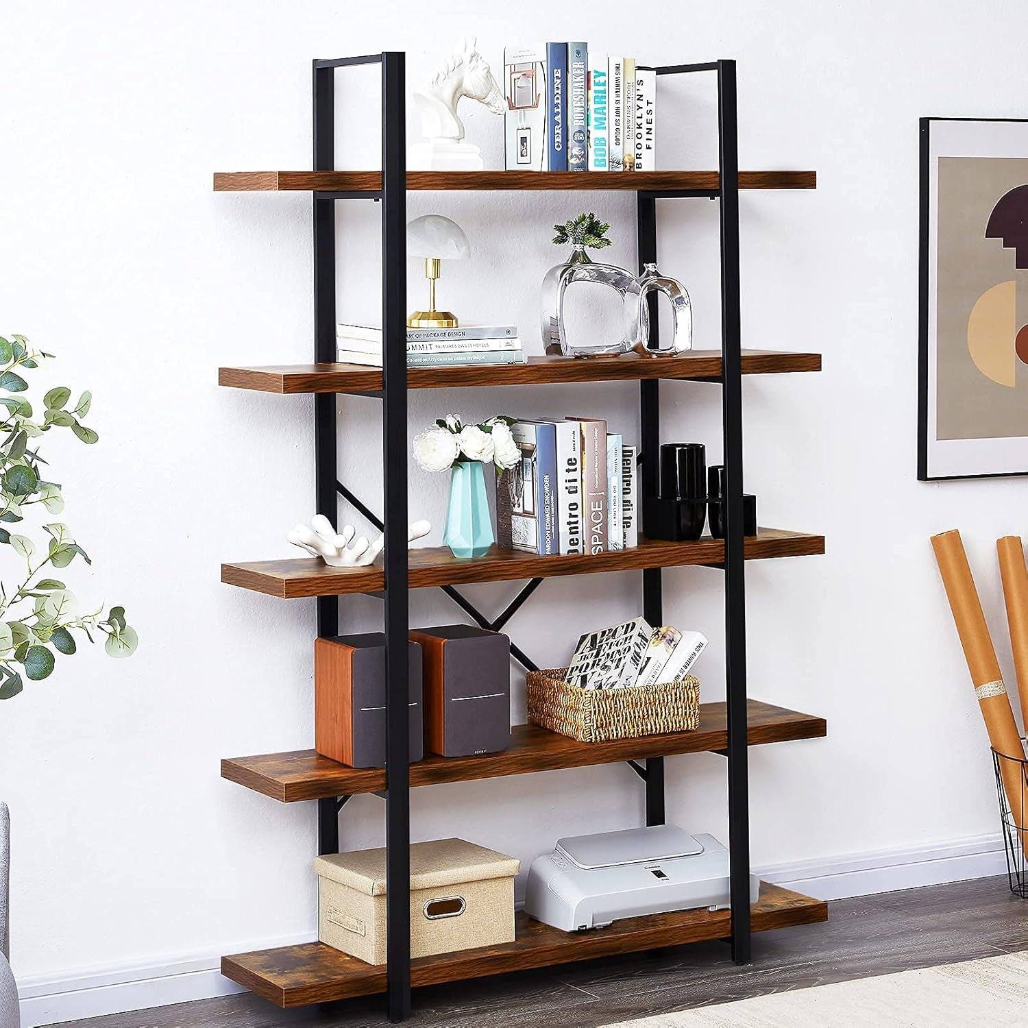 5-Tier Bookshelf, Industrial Bookcase with Metal Frame, Modern Rustic Shelving Unit for Home Office, Wood Grain - Vintage Brown