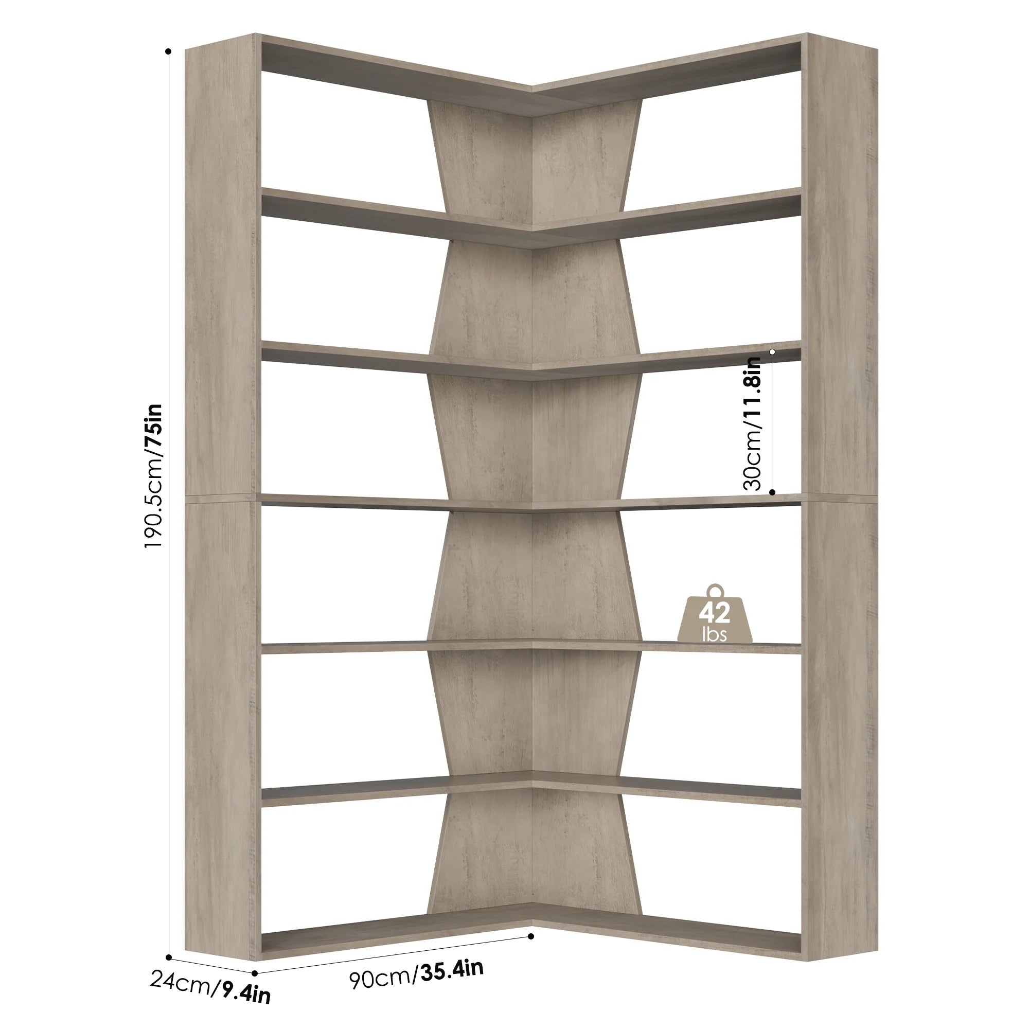 6-Tier Corner Bookcase, L-Shaped Bookshelf with Baffle, Storage Display Rack for Office Living Room, Gray