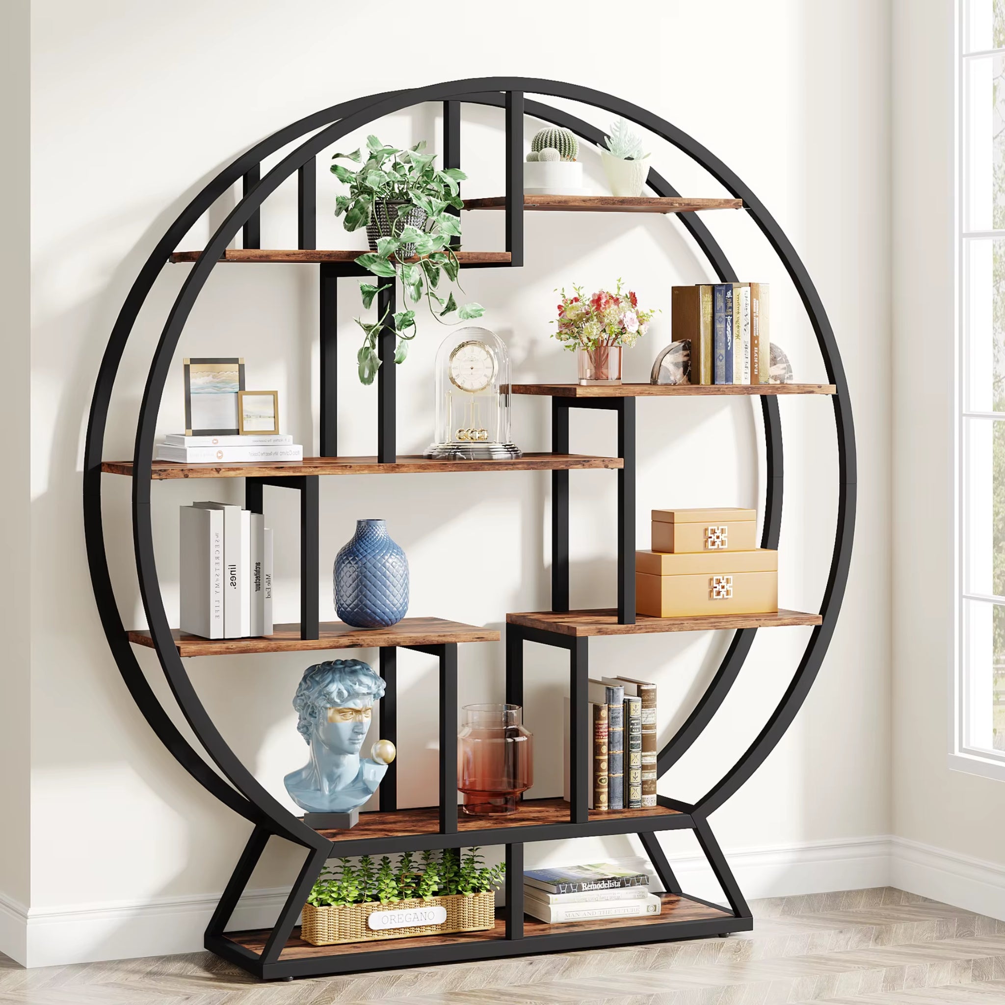Bookshelf, round Bookshelves Etagere Bookcase, 63-Inch Industrial Wood Book Shelf with Staggered Shelves