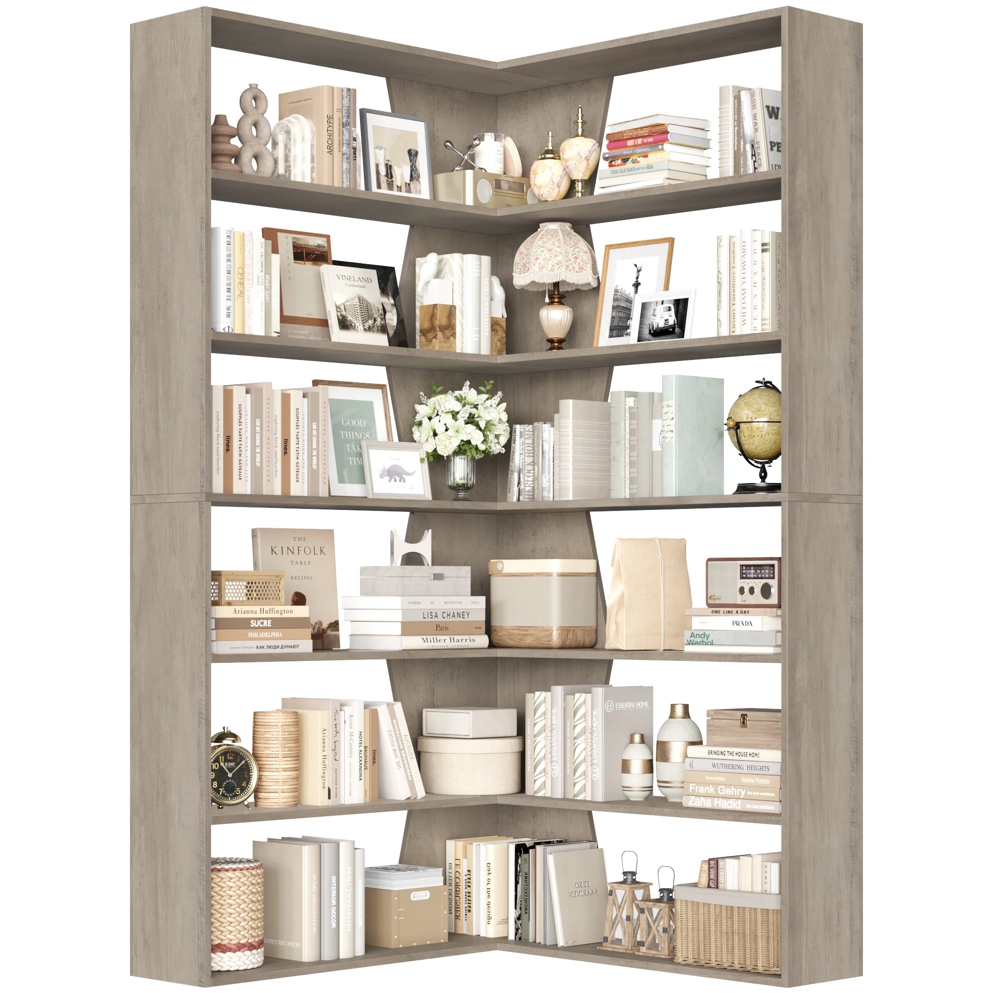 6-Tier Corner Bookcase, L-Shaped Bookshelf with Baffle, Storage Display Rack for Office Living Room, Gray