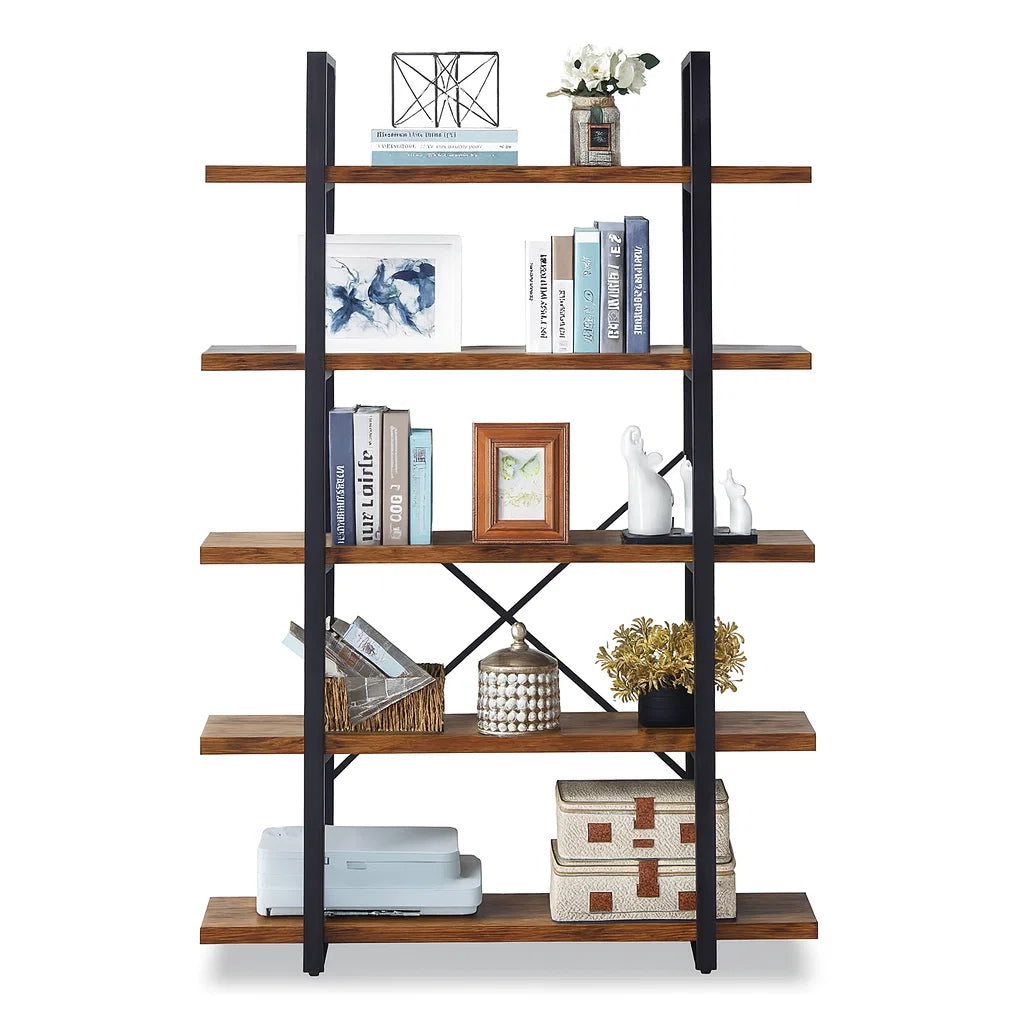 5-Tier Bookshelf, Industrial Bookcase with Metal Frame, Modern Rustic Shelving Unit for Home Office, Wood Grain - Vintage Brown