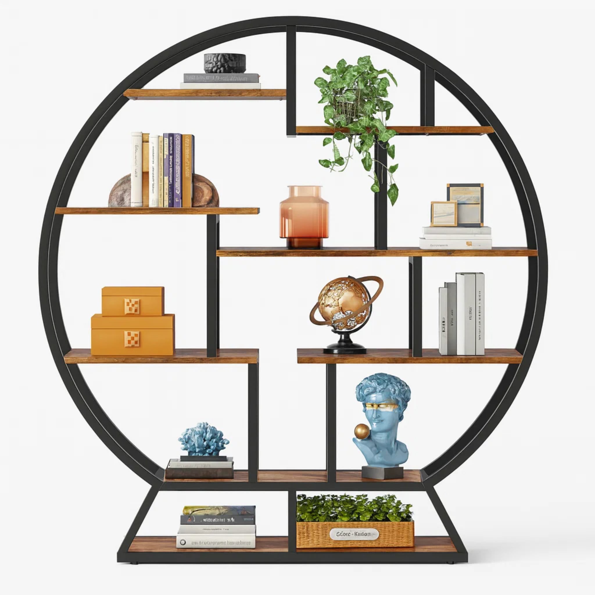 Bookshelf, round Bookshelves Etagere Bookcase, 63-Inch Industrial Wood Book Shelf with Staggered Shelves